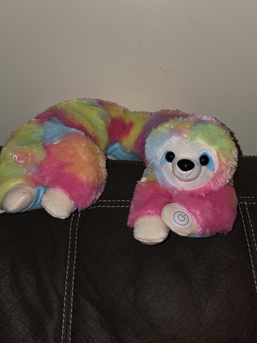 This is a Health Touch Huggable Massager Sloth with rainbow-colored fur.